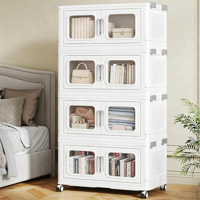 BROVIEW 200 Qt/50 Gal Stackable Storage Bins with Lids, 4 Pack, White | Small Stackable Storage Boxes w/ 4 Lid Folding Plastic Cart Organizer for Home Kitchen, Open Front Clear Door with Wheels