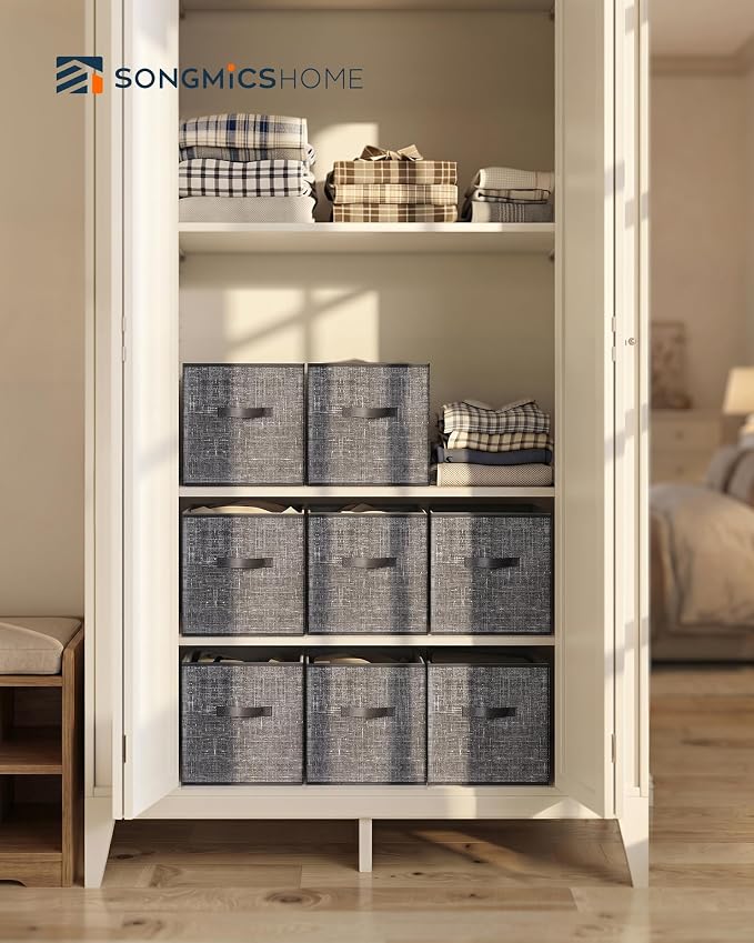 SONGMICS HOME Foldable Storage Cubes Set of 8, Fabric Shelf Organizer Bins with Handles, Closet Storage Boxes for Clothes, 12 x 12 x 12 Inches, Gray