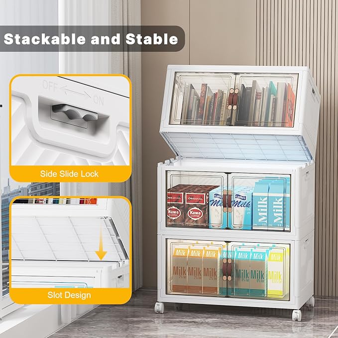 UAMFURI Stackable Storage Bins, 312QT Collapsible Drawers with 2 Lids | Large Capacity, Magnetic Door, Stack Lock, Rolling Wheels, Foldable Design, Organizers and Storage for Bedroom Dorm Garage