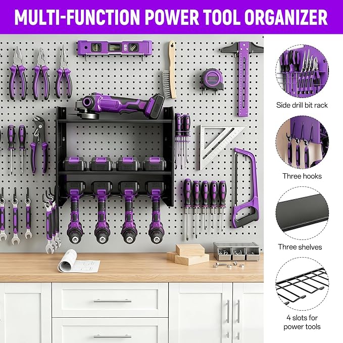 Power Tool Organizer Wall Mount,Power Drill Tool Holder | 200lb Heavy Duty Tool Shelf,4 Tier Cordless Tool Organizerwith 4 Drill Holders & 3 Divider Panels,Black