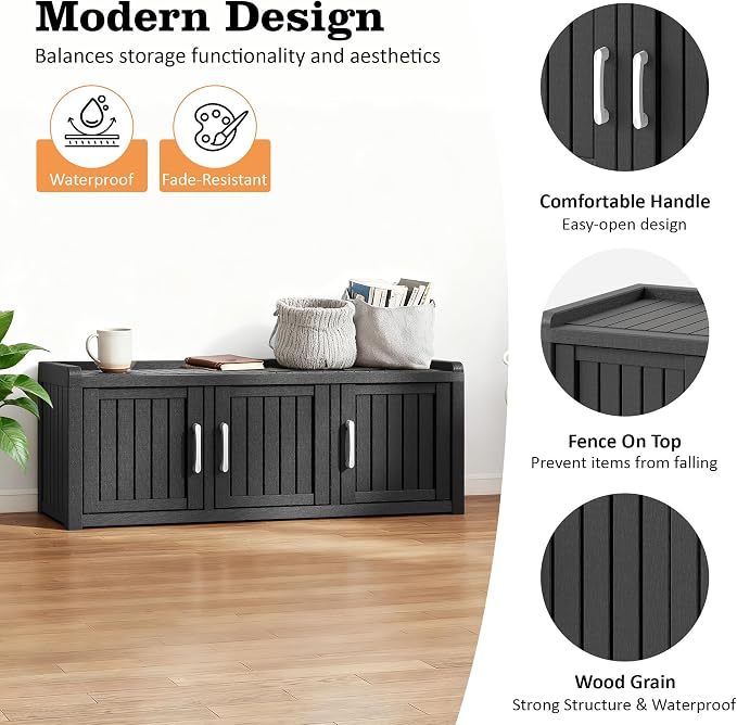 2-Tier Storage Bench, Waterproof UV-Resistant Outdoor Shoe Storage Cabinet with 3 Doors & Adjustable Shelves for Indoor Outdoor Entryway, Hallway, Living Room (Classic Black)