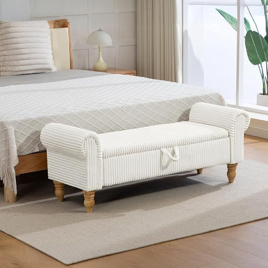 55" Bench for End of Bed Storage Benches, Queen End of Bed Bench Corduroy Upholstered Storage Ottoman Window Bench with Storage, for Bedroom, Entryway, Closet, White