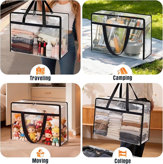 8 Packs 40L Clear Under Bed Storage Containers, Large Clothes Storage Bags | Heavy Duty Large Capacity Foldable Moving Bags with Sturdy Handles, Clothing Organizer Totes for Bedding Comforter Sheet