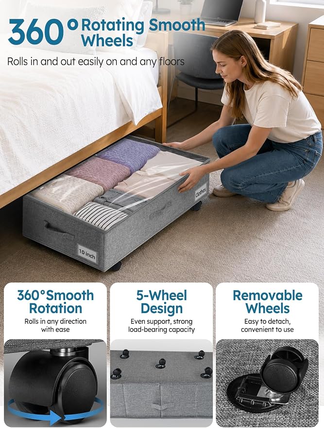 10-in 75L Low Profile Under Bed Storage with Wheels, 2 Pack, Gray | 5 Rotating Wheels, Large Clear lid, Rigid Sides & Bottom, Low Space Storage, Under Bed, Couch, Crib, Dorm Organization