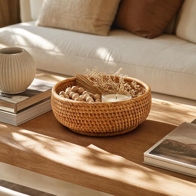 9.3" Rattan Storage Basket – Handmade Decorative Wicker Basket, Home Organization Natural Bread Basket Fruit Bowl Accessories Stationery Storage, Tabletop Bathroom Office Organizer (M, 9.3" x 3.1")