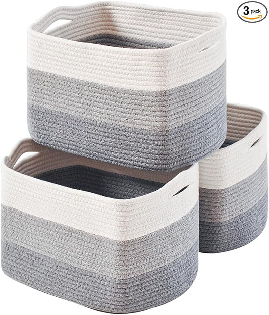 ICERZCZ Storage Baskets for Organizing Shelves, Woven Cotton Rope Baskets for Storage Books Towels Toys, Organizing Baskets, Toy Basket for Nursery Bathroom, 15"x11"x9.5", 3 Packs, Gradient Grey