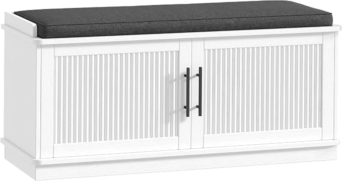 Akxomel 39.4" Fluted Shoe Storage Bench 2 Doors Wooden Entryway Bench White | 2 Tier Shoe Bench with Padded Cushion, Adjustable Shelves and 2 Doors, Curved Profile, for Hallway, Living Room, Bedroom