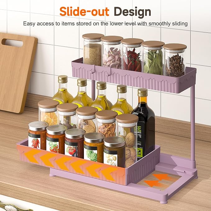 Sevenblue 3-Pack 2-Tier L-Shaped Under Sink Organizers with Sliding Drawers | Multi-use kitchen & bathroom storage, 14.85 inch pink cabinet organizer, space-saving sliding drawer design.