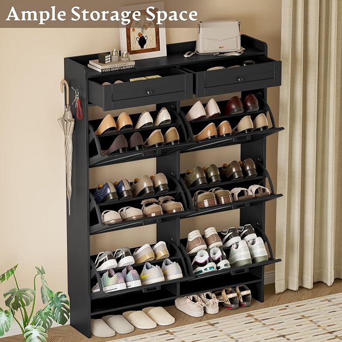 BORNOON Shoe Cabinet for Entryway, Farmhouse Shoe Storage Cabinet with 6 Flip Drawers and 2 Top Drawers, Tall Narrow Shoe Organizer Cabinet with Adjustable Shelves, Side Hooks and Anti-Tip Kit