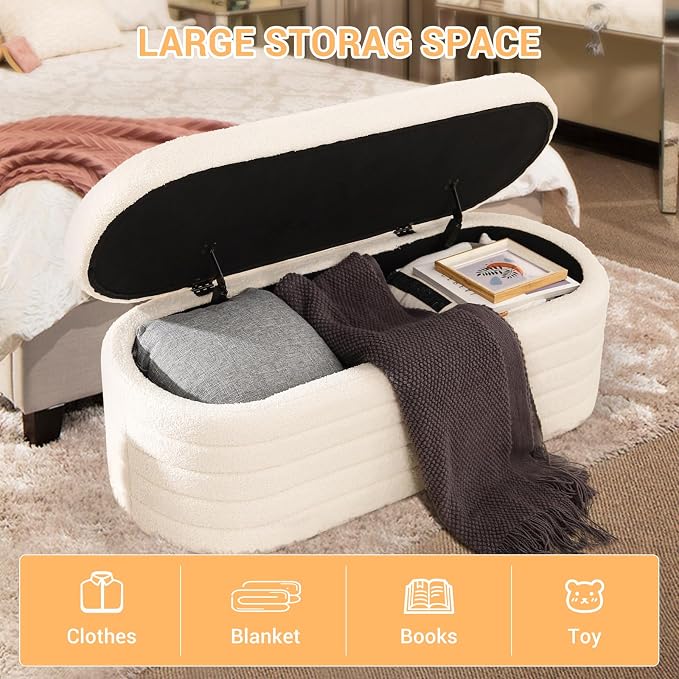 Teddy Sherpa Storage Ottoman Bench, Modern Upholstered Window Bench with Safety Hinge Lid, Oval White Ottoman for Living Room, Bedroom End of Bed