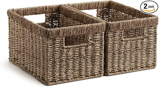 StorageWorks Wicker Storage Basket for Organizing, Medium Seagrass Storage Baskets with Built-in Handles for Pantry, Shelves,2-Pack