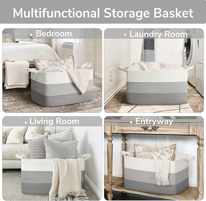 Goodpick Large Woven Rope Toy Basket, Rectangle Storaget, Light Gray | 21.6 x 14.9 x 11.8 in, Reinforced Handles, Living Room, Bedroom & Nursery Organization, Blankets, Pillows & Toys Storage
