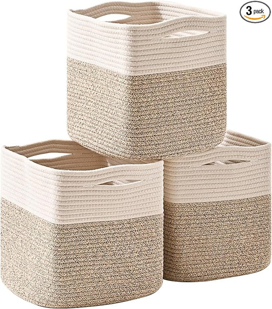 ICERZCZ 13 Inch Cube Closet Storage Bins, Woven Cotton Rope Organizer Baskets for Organizing & Shelves, Books, Towels, Clothes, Toys, 13x13x13 in, Off White & Brown (Pack of 3)