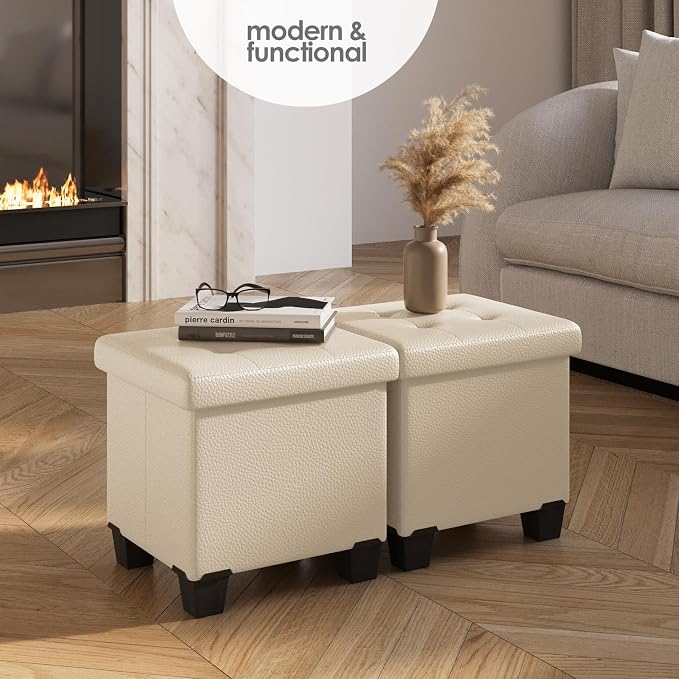 Storage Ottoman Cube with Small Bin, 15-in Square Ottoman with Storage for Living Room and Bedroom, Small Ottomans Foot Rest, Leather Foot Stools Ottomans Max 330lbs, Beige