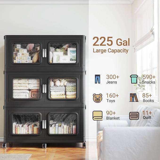 BROVIEW 900 Qt/225 Gal Stackable Storage Bins with Lids, 3 Pack, Black | Large Stackable Storage Boxes w/ 3 Lid Folding Plastic Cart Organizer for Home Kitchen, Open Front Clear Door with Wheels