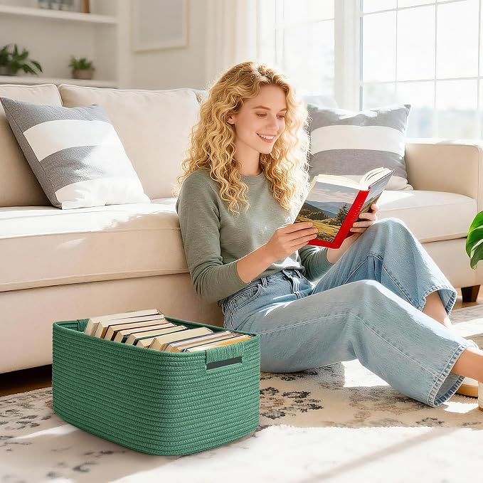 2 Pack Large Storage Basket for Organizing, 17.5"x13"x7" Woven Basket for Shelves, Closet Cube Storage Bins with Wrapped Handle, Cotton Rope Baskets for Kitchen, Clothes, Toys(Green)