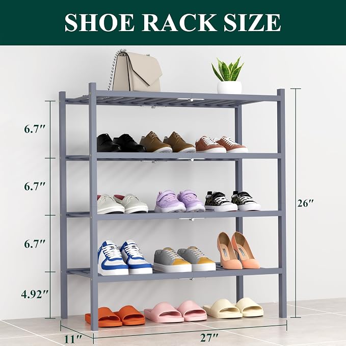 Smiry Bamboo Shoe Rack, 14 Vertical Slats, 4 Tier - 26.8" Wide, Grey | Stackable Free Standing Wooden Shoe Organizer, Wood Shoe Storage Shelf for Closet, Entryway, Thicher Leg
