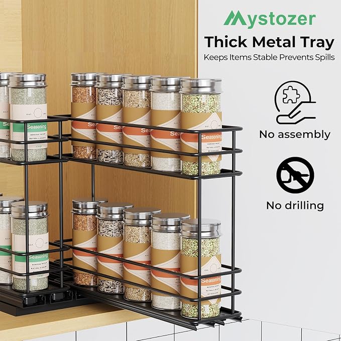 Mystozer Pull Out Spice Rack Organizer for Cabinet, Slide Out Spice Racks, Easy to Install Spice Cabinet Organizers, 5.28" Wx10.43 Dx8.26 H, 2 Drawers 2 Tiers(Black)