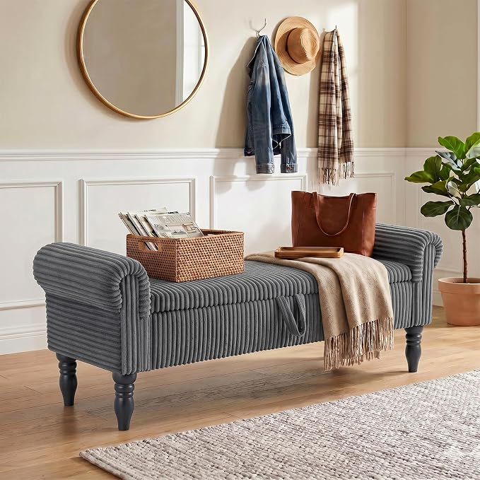60" Storage Bench for Bedroom,End of Bed Bench with Storage | Corduroy King Size Bench with Rolled Arms,Storage Ottoman Benches for Living Room,Entryway,Benches for Foot of Bed,Dark Grey