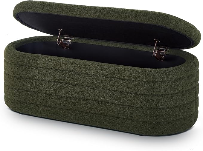 Ball & Cast Storage Bench, Upholstered Oval Ottoman, End of Bed Stool with Safety Hinge for Bedroom, Living Room, Entryway, Teddy Fabric, Dark Green