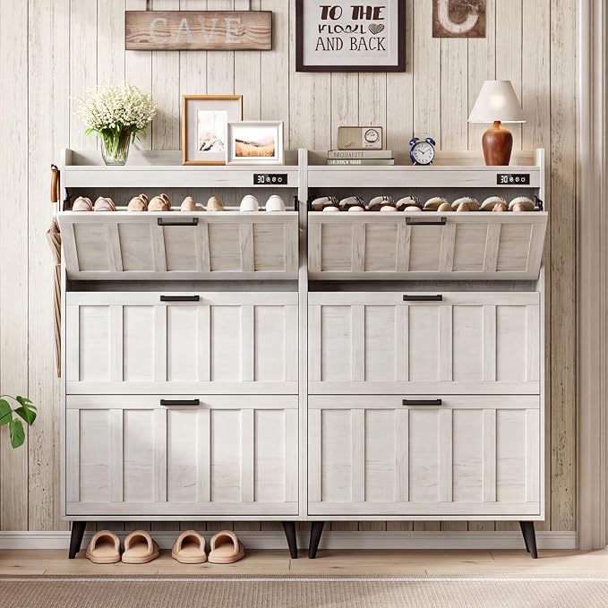 ChooChoo Shoe Storage Cabinet with 3 Flip Drawers and Deodorizer | Shoe Organizer Storage for Entryway, Freestanding Hidden Slim Narrow Shoe Rack Cabinet, Antique White
