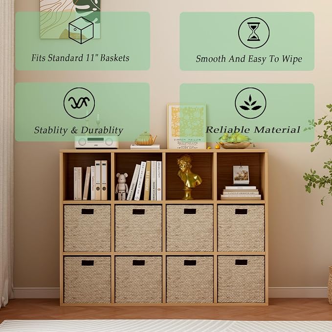 OSCHF 12-Cube Storage Shelf Bookcase, Oak | Wooden 3-Tier Open Bookshelf, Fits 11×11" Bins, Vertical or Horizontal Use, Full Back Panels, For Home Office