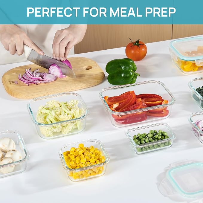 Vtopmart 8 Pack Glass Food Storage Containers with Airtight Lids | Meal Prep Lunch Containers, Leakproof, Leftover Storage, Take-out, Microwave, Oven, Freezer and Dishwasher Safe, BPA Free