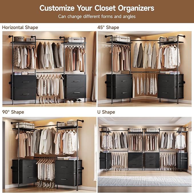 ONBRILL T4 Wall Mounted Closet System, Industrial Pipe Clothing Rack with 8 Wooden Shelves, 4 Drawers & 4 Hanging Rods (2 Expandable), Modular Heavy Duty Closet Organizers and Storage System (Black)
