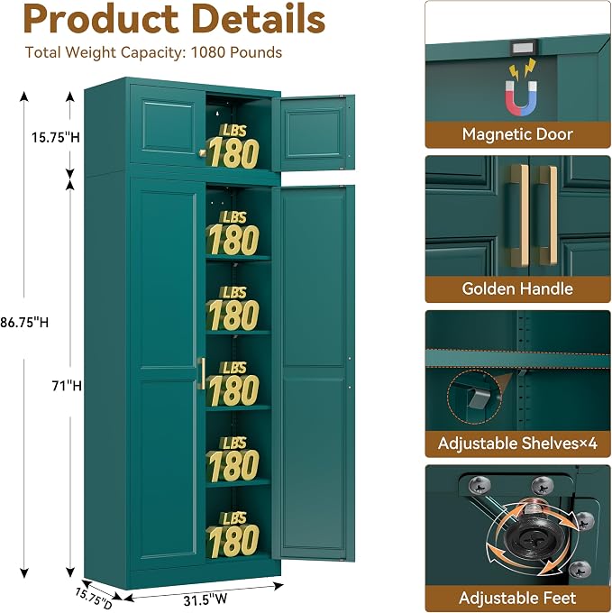 Polup 86" Tall Metal Kitchen Pantry Storage Cabinet with Doors and Shelves | Heavy-Duty Green Cabinet, 4 Adjustable Shelving, Gold Handles, Magnetic Latch, for Dining Living Room, Bathroom & Garage