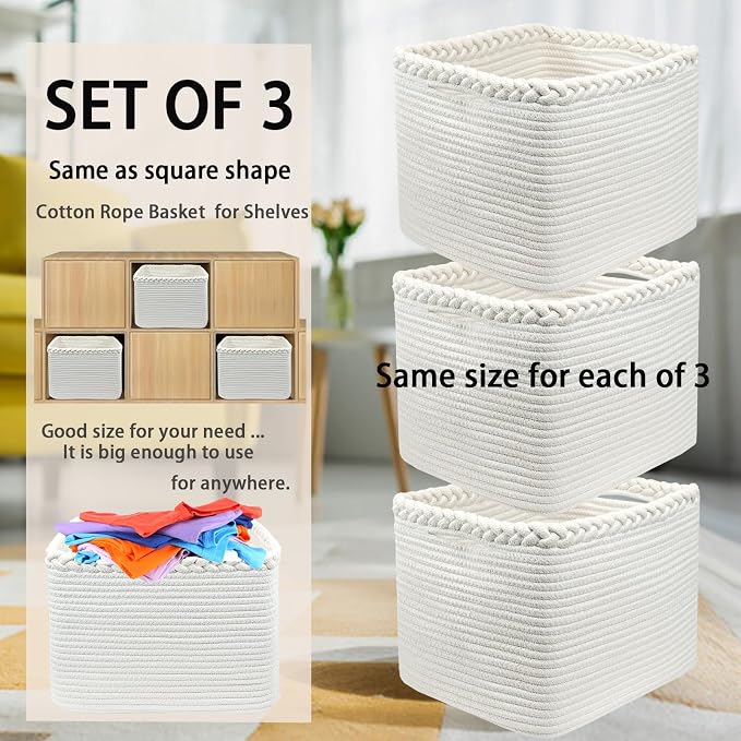 COMFY-HOMI 3PACK Cotton Rope Square Basket with Handles for Shelves| Storage|Baby Basket for GIF|Shoe Basket for Organizing|New13.5" x 11" x 9.5" for Living Room