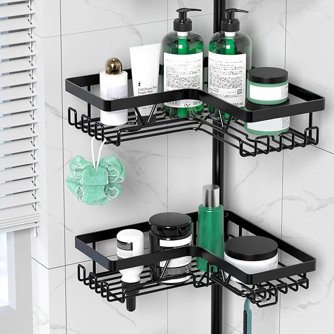 DAOYA Corner Shower Caddy Tension Pole 4 Tier Shower Caddy Organizer Black | Space Saver, 28 Hook, Soap Dish, Razor Holder, Rustproof, For Bathtub Bathroom, Floor to Ceiling 25-114 Inch, Simple Install