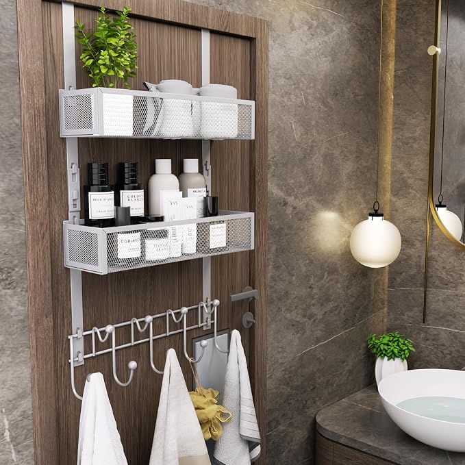 Consumest Over The Door Hooks Organizer - 3 Tier Door Hanger with 9 Coat Hooks & 2 Mesh Basket, Back Storage Organizer Hanging Towels for Bathroom, Bedroom, Silver