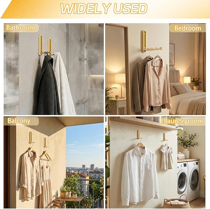 4.33 in Extended Folding Coat Hooks, 2 Pack Gold Wall Hooks, Zinc Alloy | 90° Foldable Design, Wall Mounted, Zinc Alloy, Flip-Down Design, Includes Screws And Anchors, For Bedroom, Entryway, Closet