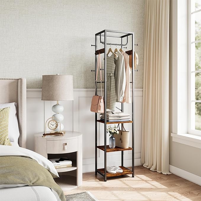 Coat Rack Freestanding, Hall Tree with 3 Shelves and 12 Hooks, Rustic Brown | Industrial Metal Frame, Space-Saving Design, Clothes Rack Stand Organizer for Bedroom, Hallway, Entryway, Office, Living Room