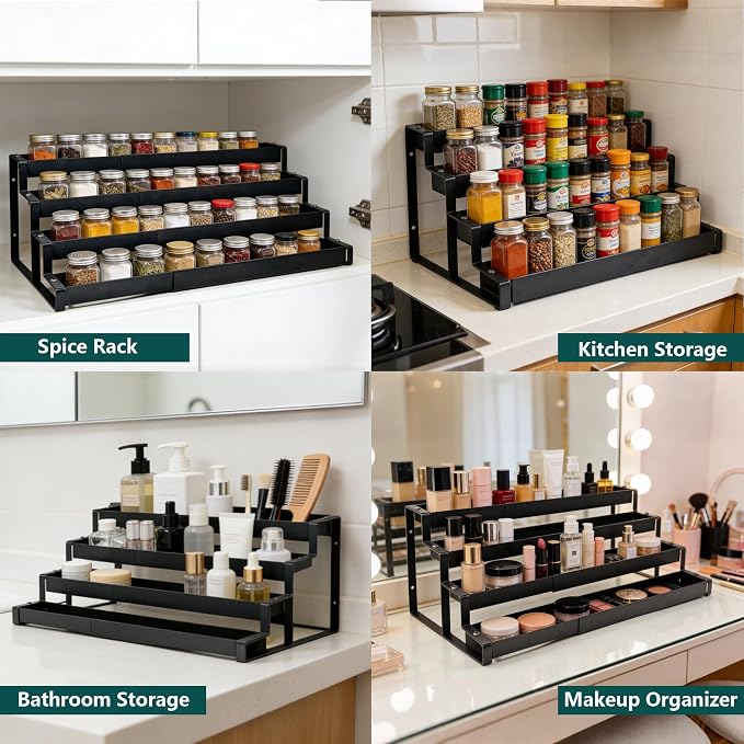 bealy 4-Tier Spice Rack Countertop Spice Rack Organizer for Cabinet, Expandable 16“-29” Spice Shelf Seasoning Organizer, Spice Organizer for Pantry, Slip-Resistant Design for Jars and Bottles