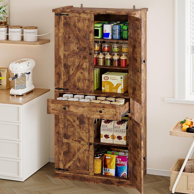 BORNOON Pantry Organizers and Storage Cabinet, 67.71” Barn Door White Kitchen Cabinet with Drawers and Adjustable Shelf, Tall Pantry for Kitchen, Dining Room, Living Room
