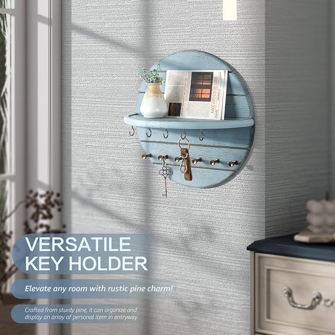Rebee Vision Key Holder Wall Mount with Floating Shelf for Mails, Blue | Pine Wood, Key Holder for Sunglasses & Small House Items, Entryway Organizer, Kitchen Wall Storage, Farmhouse Home Decor