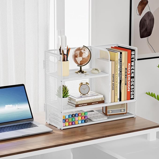 Marbrasse Desk Shelf Organizer with Handle, Bookshelf File Holder, White | 3-Tier Desktop Mesh Display Shelf Organizer Storage Rack for Office, Home, Supplies, Kitchen