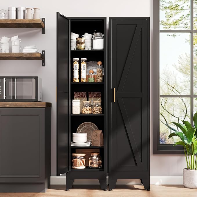 67“H Metal Narrow Kitchen Pantry Cabinet,Black Skinny Pantry Cabinet,Tall Narrow Bathroom Storage Cabinet with Adjustable Shelves,Slim and Thin Pantry Cabinets for Living Room Dining Room