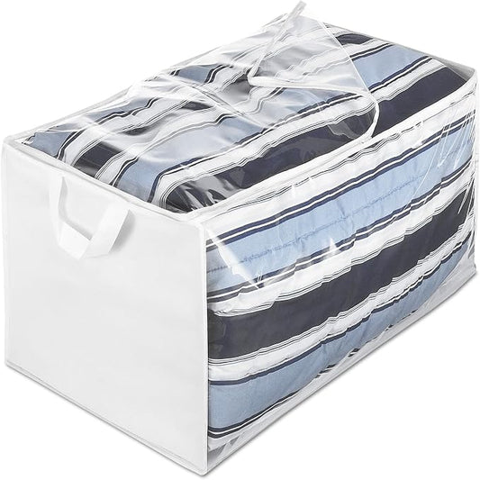 Whitmor Zippered Jumbo Storage Bag, Extra Large 34 Gallon (29"x17.5"x15.5"), Breathable Non-Woven Organizer with Clear Window, Big Moving Bag for Blankets, Clothing, Closet Organization, White