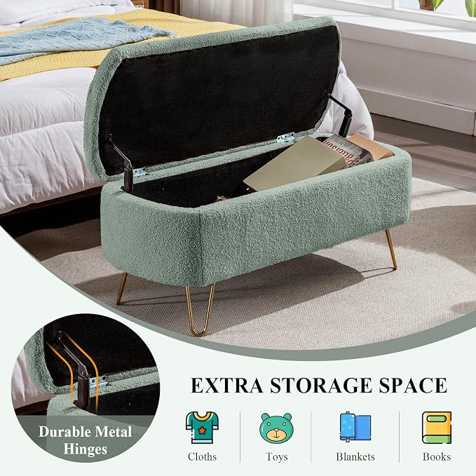 Modern Storage Ottoman Bench, Teddy Upholstered Entryway Bench with Gold Legs, Vintage End of Bed Bench with Safety Hinge, Padded Bench with Storage for Living Room, Bedroom, Entryway (Green)