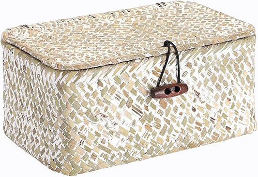 Handwoven Seagrass Basket Small Wicker Basket with Lid,7x4.3x 3.3" | Natural Decorative Box for Shelf, Multipurpose Desktop Organizer Bin for Key & Remote Control, Whitewash