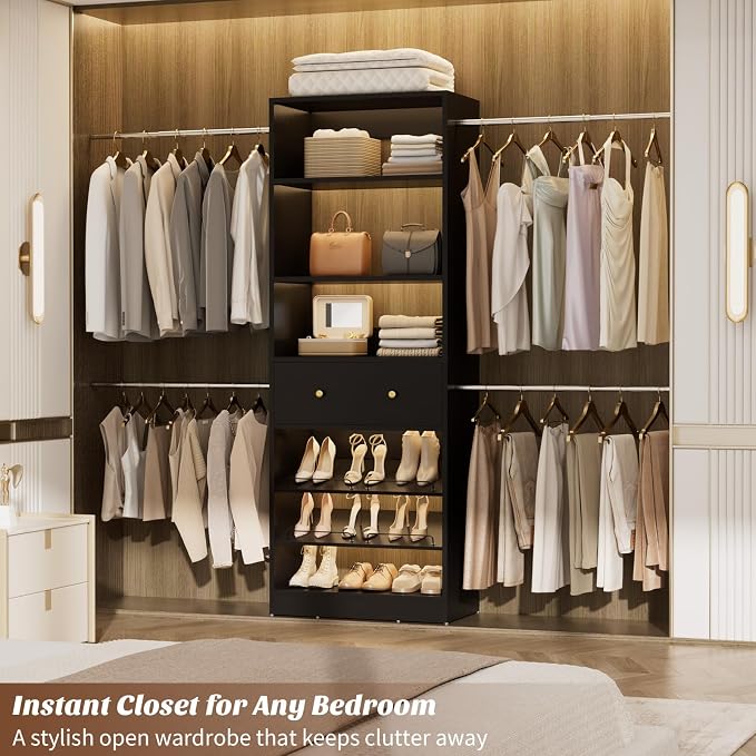 Wood Closet Organizer System - 4FT-9FT Expandable Wardrobe Closet with Drawer & 4 Hanging Rods, Heavy Duty Walk-in Closet 1000Lbs for Bedroom Walk-in Closet, Black