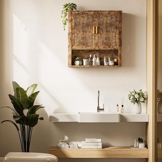 INNOD Bathroom Wall Cabinet, Wall-Mounted Medicine Cabinet with Adjustable Wood Shelf & Doors, Floating Bathroom Cabinet Over Toilet for Laundry Room & Kitchen & Living Room (Retro)