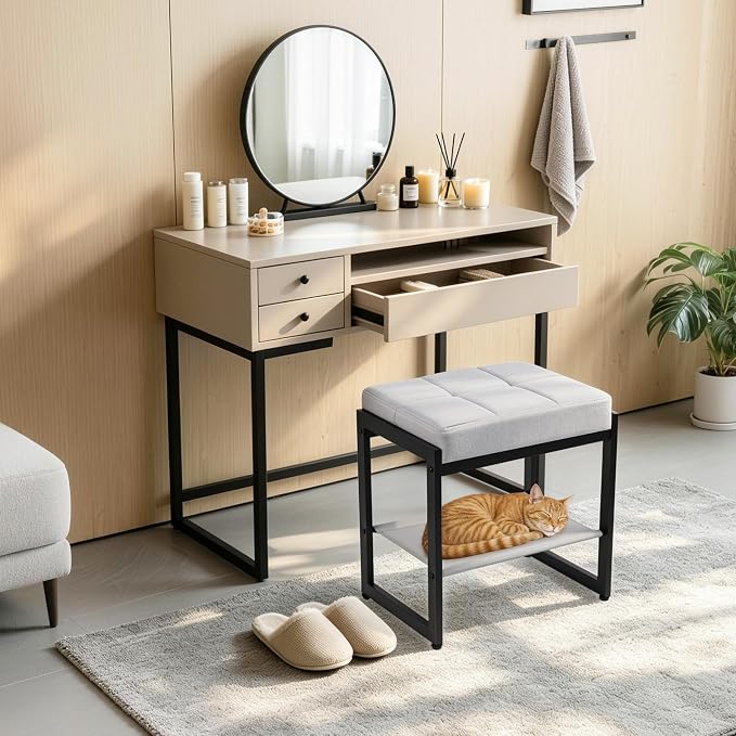 Vanity Stool, Vanity Chair Stools with a Lower Storage Shelf, Square Linen Upholstered Ottoman Bench for Bedroom, Living Room, Small Modern Metal Legs Makeup Chairs, Grey&Black