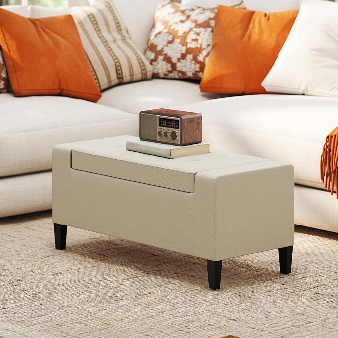 HOMCOM 36" Ottoman with Storage, Lift Top Rubberwood Legs 330 lb Beige | Storage Ottoman Bench, Linen Upholstered Entryway Seat, Living Room, Bedroom