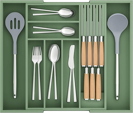 Expandable Bamboo Silverware Drawer Organizer Tray, Grayish Green | Removable Knife Block, Holds 7 Knives, Adjustable Dividers, 12.6-21.45 x 16.3 x 2.13 in, Drawer Insert for Utensils, Forks