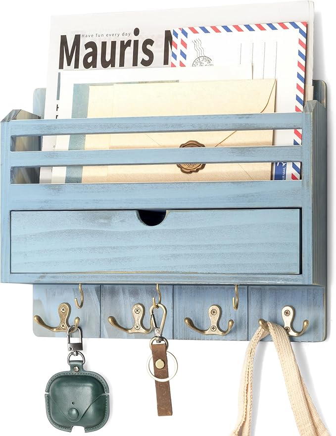 Rebee Vision Mail Organizer Wall Mount for Home Decor, Distressed Blue | Key and Mail Holder for Wall, 7 Key Hooks, Drawer Organizer, Mail Sorter, Key Hanger, Home Essentials, Room Decor Aesthetic