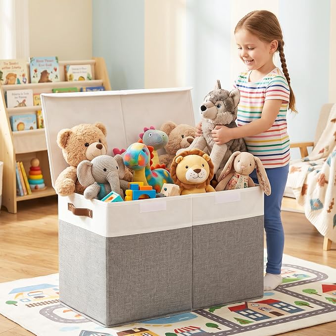 Bagnizer Large Toy Storage Box with Lids, Collapsible Sturdy Baby Storage Organizer Chest Bin Basket for Kids, Boys, Girls, Playroom, Nursery, Bedroom, Closet 25"x13"x16" (Gray and White)