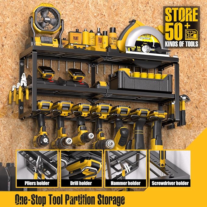 Spampur Power Tool Organizer for Tool Storage, Drill Holder Wall Mount with Screwdriver Organizer, Tool Holder for Garage Wall Organization, Heavy Duty Metal Tool Shelf with Battery Holder | Tool Holder and Storage Rack for Garage Organization, Heavy D...